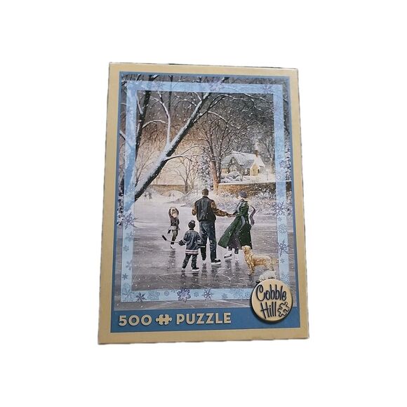 Rare Cobble Hill 500 Piece Jigsaw Puzzle - Family Skate, Winter Dog Collectible - Picture 1 of 6